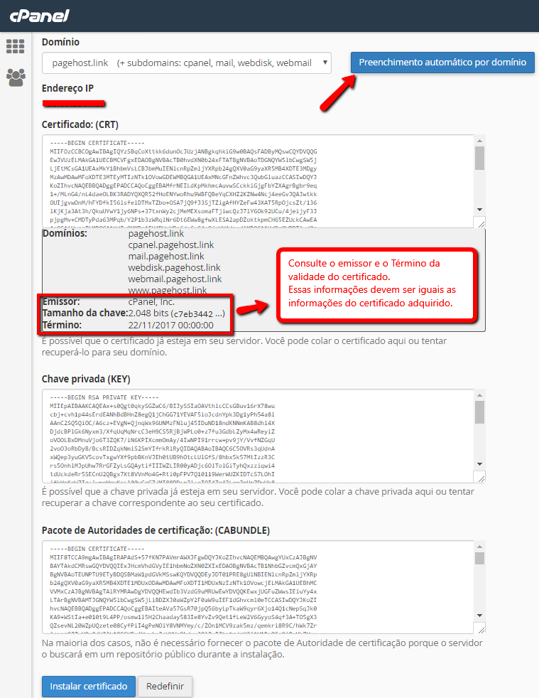 Preenchimento automatico SSL cPanel